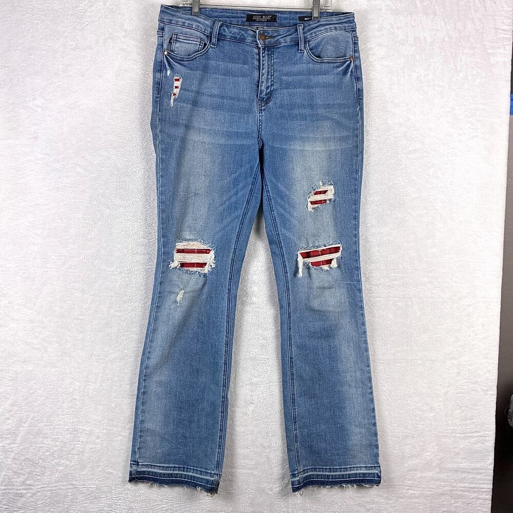 Judy Jeans Womens 31 Blue Boot Cut Faded Whiskered Distressed Flannel Patched